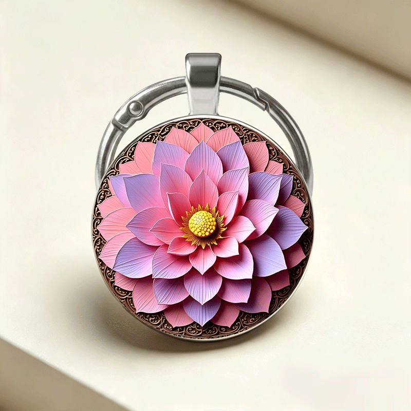 Zen Oriental Style Pink Lotus Keychain, Exquisite Design